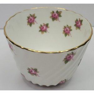 Vtg Ansley Bone China Pudding Cup Pink Roses England Gold Rim Wave Design